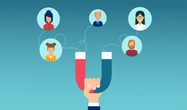 Vector of a business man hand with magnet attracting customers