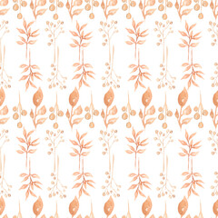 Seamless pattern of Autumn fall leaves,  natural branches, beige herbs, hand drawn  watercolor. Beautiful elegant background, texture, print, textile fabric, wallpaper on white