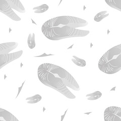 Grascale seamless pattern of slices of red fish. Vector illustration isolated on a white background.