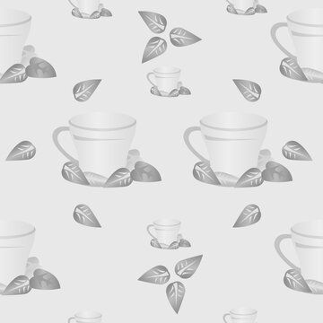 Grascale seamless pattern of mug for tea with mint leaves. Vector illustration isolated on a gray background.