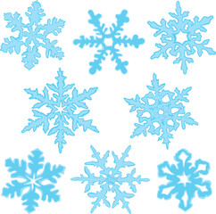Vector set of blue snowflakes isolated on a white background. Collection of elements winter design. Eight showflakes of different shapes.