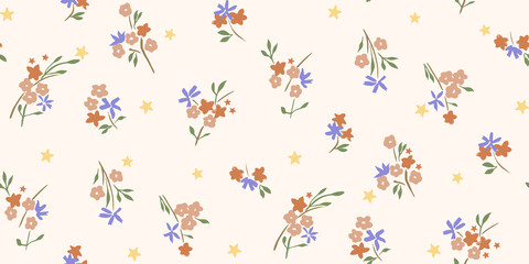 Flowers & Stars. Print with rapport, flowers in orange, malva.  © Printlosophy