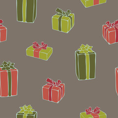Vector seamless pattern with colorful gift boxes on a green background. Pattern for fabric print, wrapping paper design.