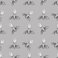 Fototapeta na wymiar illustration of a bacteriophage. Microorganism, virus. Black and white traditional illustration for biology book, Illustration for medical books, booklets, brochures. Seamless pattern on grey 