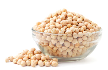 Chickpeas in a glass plate on a white background. Isolated