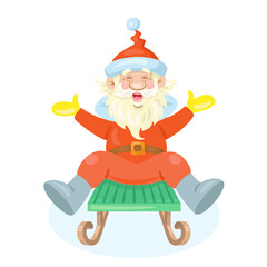 Funny Santa Claus rides on a sled. In cartoon style. Isolated on white background. Vector flat illustration.