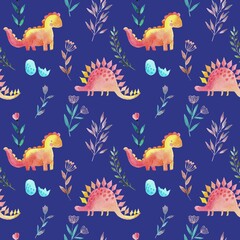 Watercolor seamless pattern with dinosaurs, trees, plants. The texture of the prehistoric period for packaging, scrapbooking, wallpaper.