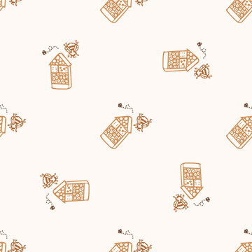 Seamless Background Honeybee Bug Hotel Gender Neutral Pattern. Whimsical Minimal Earthy 2 Tone Color. Kids Nursery Wallpaper Or Boho Cartoon Insect Fashion All Over Print. 