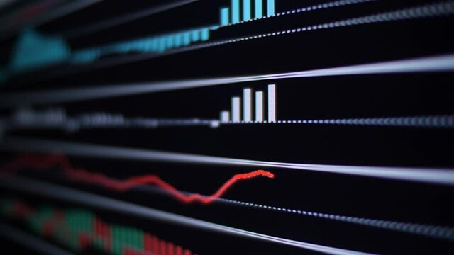 Online exchange trading. Forex currency trading. On a black background, the indicators change at an accelerated rate, they help the trader to make right trades. Confrontation between bulls and bears