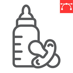 Baby bottle with nipple line icon, food and milk, baby products sign vector graphics, editable stroke linear icon, eps 10.