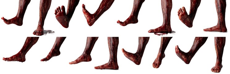 Set of bloody male feet isolated on white background.