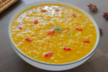 Squash stew, squash porridge soup close up. Chinese food 