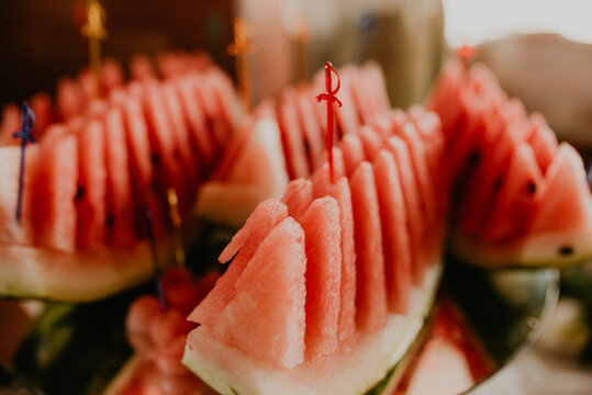 Sliced Fresh Watermelon Spread Out On A Plate For A Buffet Table