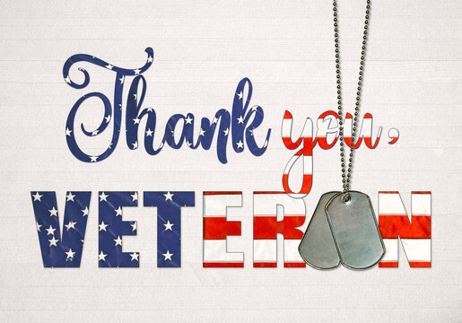 thank you flag text for veteran with military dog tags on rustic wood background