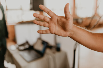 Human male hand with the inner side. A hand outstretched to someone.