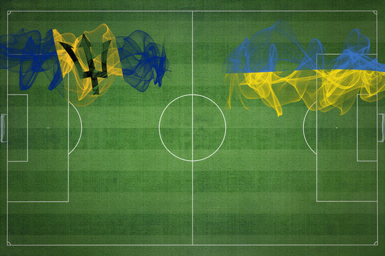 Barbados vs Ukraine Soccer Match, national colors, national flags, soccer field, football game, Copy space