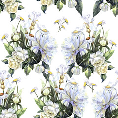 Watercolor bouquet of white flowers. Wedding composition for decor on white background. Floral seamless pattern.