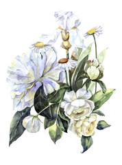 Watercolor set of garden white flowers. Floral illustration on white background.