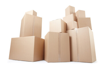 Cardboard boxes stack isolated on white, clipping path