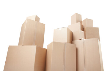 Cardboard boxes stack, low angle view isolated on white, clipping path