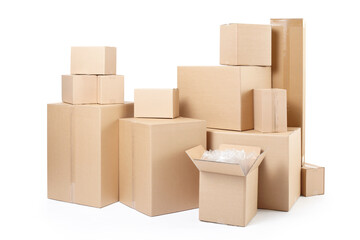 Cardboard boxes stack isolated on white, clipping path
