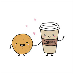 Cartoon funny coffee and cookies. Vector illustration in flat style. Isolated on white background.