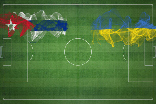 Cuba vs Ukraine Soccer Match, national colors, national flags, soccer field, football game, Copy space