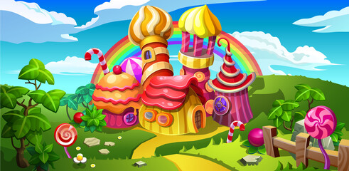 A fairytale candy castle town. Towers and houses made of candy, lollipop, cake and marmalade. Vector cartoon illustration.