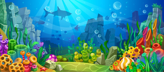 Large underwater sea reef. Multicolored algae, corals, sponges, stones and fishes. © Vladislav K