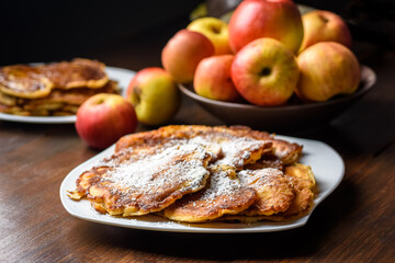 homemade apple pancakes sprinkled with powdered sugar.