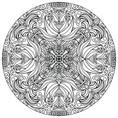 Hand drawn mandala with folk style flowers on a white background for coloring, vector, coloring book pages