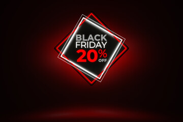 Black Friday luminous neon style lettering 20% off. Brochure template with copy space.