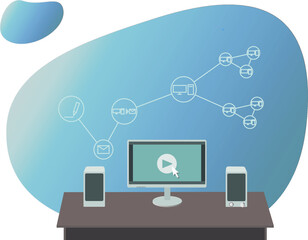 image with video playback on a computer monitor on infographic background