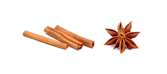 Fragrant cinnamon and star anise isolated on white background