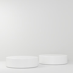 3d illustration pedestal,geometric step white cylinder podium platform for cosmetic product presentation.Mock up design empty space. Abstract composition in white background modern style