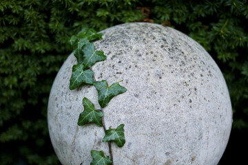Garden ornament in the shape of a sphere with strand of ivy.