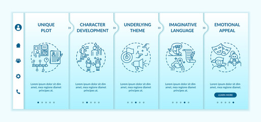 Creative writing elements onboarding vector template. Underlying theme for reader. Imaginative language. Responsive mobile website with icons. Webpage walkthrough step screens. RGB color concept