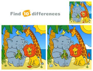 Wild African animals.  Find 10 differences. Educational game for children. Cartoon vector illustration.