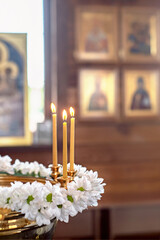 baby christening. Ceremony of a christening in Christian church. baptismal font flower