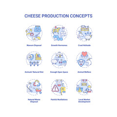 Dairy industry concept icons set. Livestock animal. Farm products. Cow milk. Cheese production idea thin line RGB color illustrations. Vector isolated outline drawings. Editable stroke