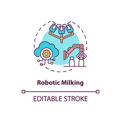 Robotic milking concept icon. Automated cow product manufacture. Factory equipment. Dairy industry idea thin line illustration. Vector isolated outline RGB color drawing. Editable stroke