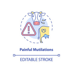 Painful mutilation concept icon. Animal cruelty. Farm livestock abuse. Bovine excision. Harm cow. Cattle welfare idea thin line illustration. Vector isolated outline RGB color drawing. Editable stroke