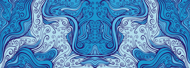 Mirror doodle fantasy wavy frame, colorful blue shades.