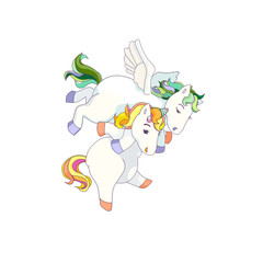 Cute Pegasus bringing Unicorn on white isolated background, isolated Unicorn and Pegasus in Cartoon style, mythological horses in Cartoon style, concept of Friendship, Magical horses, Fairytales.