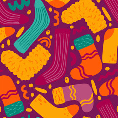 Cute socks flat hand drawn vector seamless pattern. Colorful background in abstract, scandinavian style. Cozy winter clothes. Simple design for wallpaper, wrapping, textile, fabric, decor, print, card
