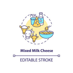 Mixed milk cheese concept icon. Organic farm food with lactose. Goat, sheep, milk product. Dairy industry idea thin line illustration. Vector isolated outline RGB color drawing. Editable stroke