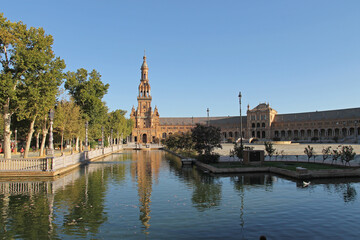 A detail of the Spain square in the María Luisa Park, a public park that stretches along the Guadalquivir River in Seville, Spain. It was built in 1928 for the Ibero-American Exposition of 1929. 