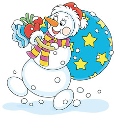 Friendly smiling funny snowman with a red hat, a warm scarf and mittens carrying a big bag of Christmas gifts for little kids, vector cartoon illustration on a white background