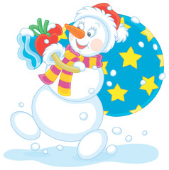Friendly smiling funny snowman with a red hat, a warm scarf and mittens carrying a big bag of Christmas gifts for little kids, vector cartoon illustration on a white background