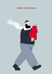 Hand drawn vector Merry Christmas and Happy New Year postcard with man carrying Christmas gift boxes from christmas sale